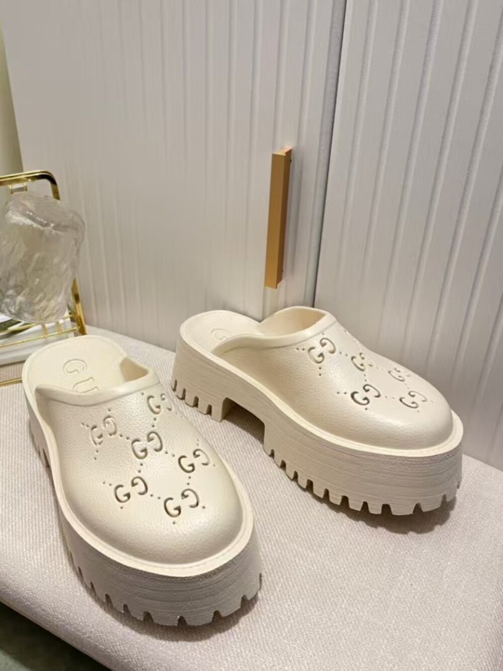 Gucci White Perforated GG Logo Platform Slip‑On Clog Mules